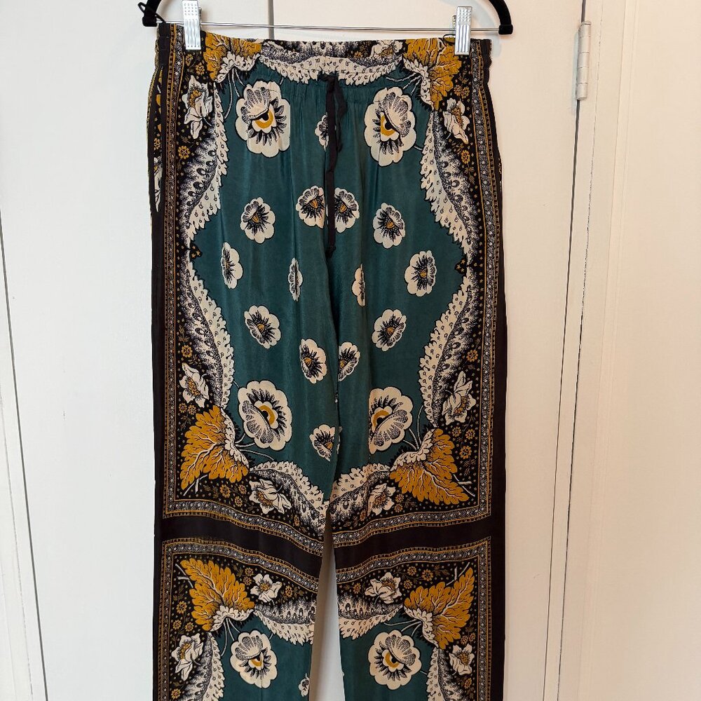 Valentino Scarf Print Drawstring Wide Leg Pants Teal Black Gold